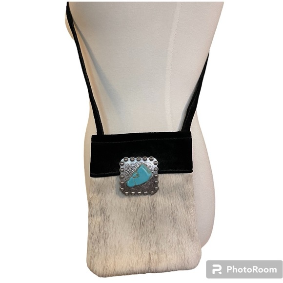 Handbags - Cowhide Suede Crossbody with Concho and Turquoise